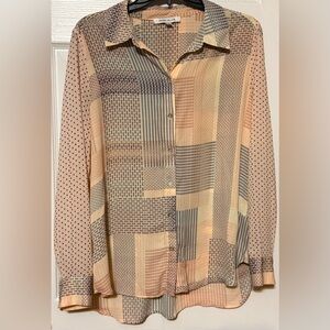 Rose Olive Geometric Print Button Down Blouse Large